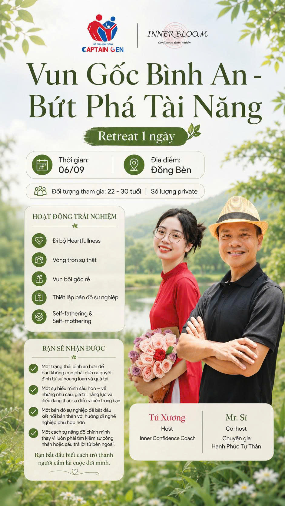 Poster retreat Vun Gốc Bình An - Bứt Phá Tài Năng cùng Tú Xương và Mr. Sĩ